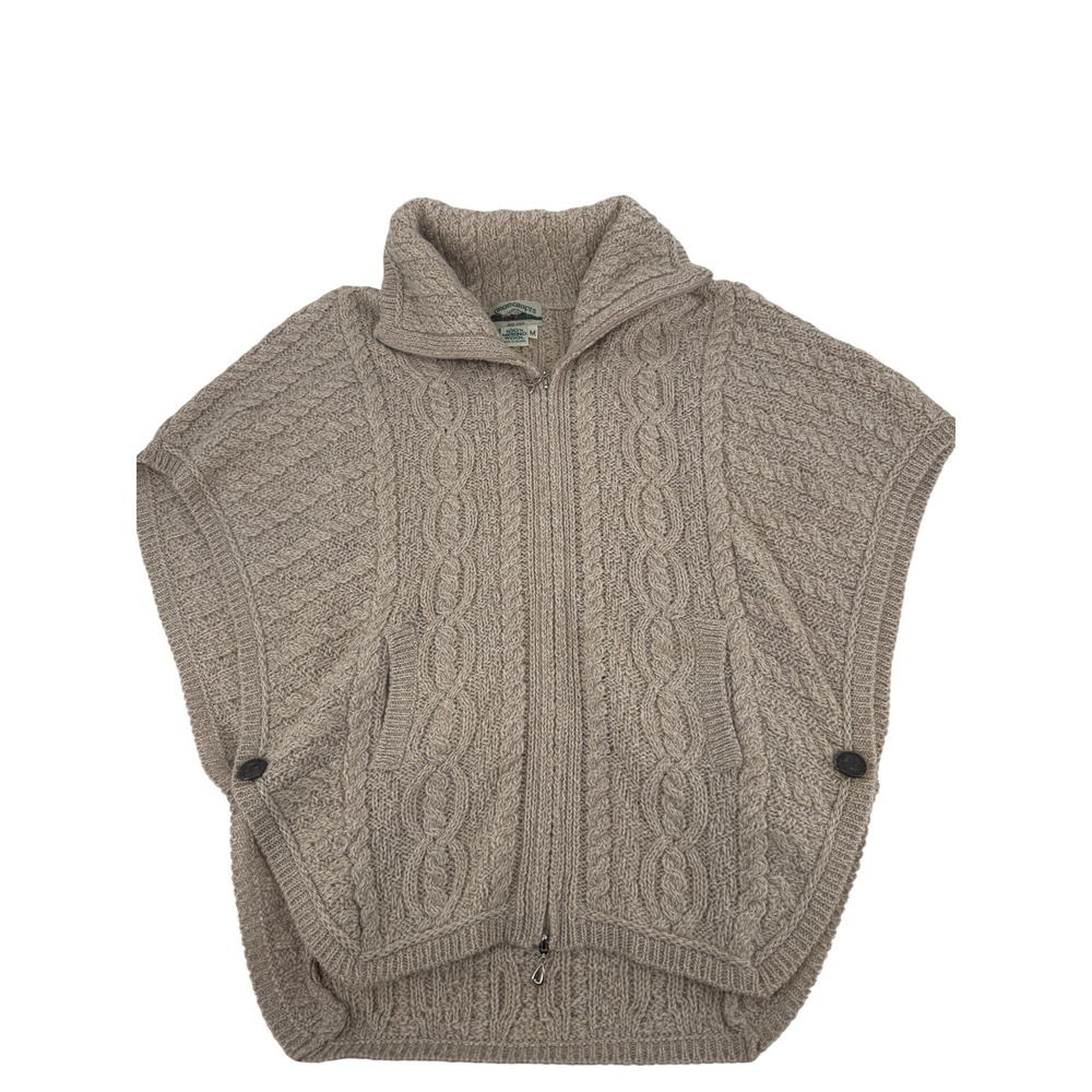 Aran Crafts Poncho Women M Beige Merino Wool Zip Cable Knit Irish Cape Sweater